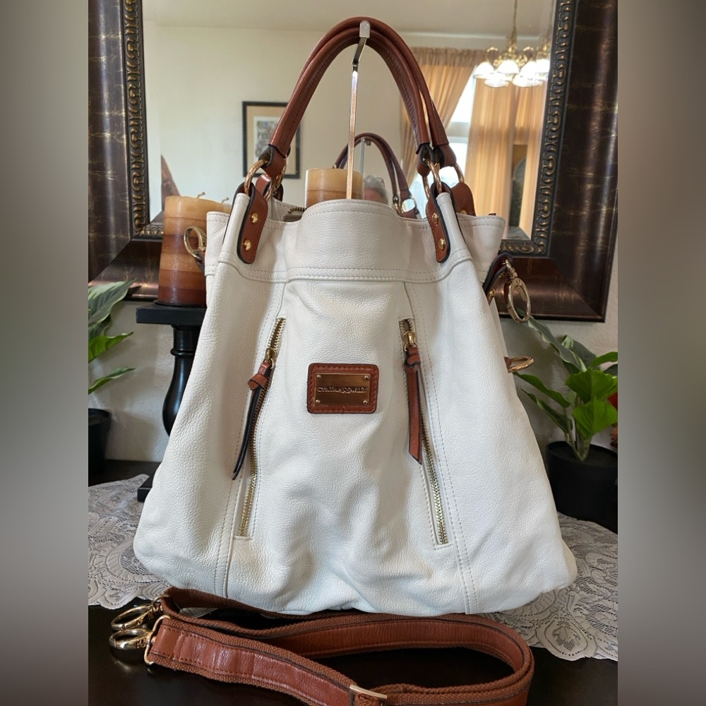 Cynthia Rowley Womens Shoulder Bag, Leather Zip Pockets Off White/Brown, X LRG - Picture 13 of 16